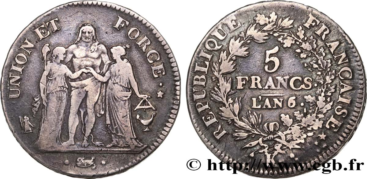 5 francs Union et Force, Union serré, avec glands intérieurs et gland extérieur 1798 Bordeaux F.288/65 MB35 