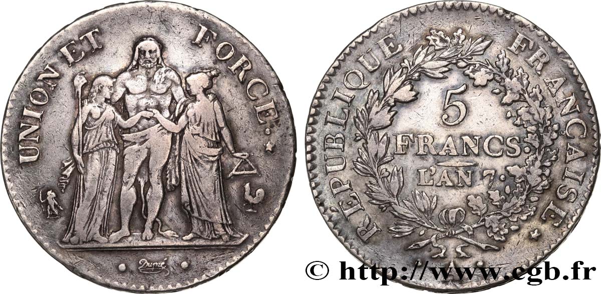 5 francs Union et Force, Union serré, avec glands intérieurs et gland extérieur 1799 Paris F.288/95 XF40 
