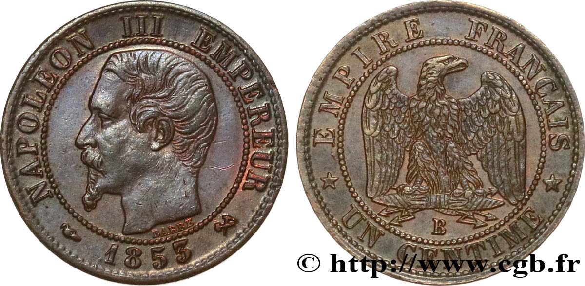 Un centime Napoléon III, tête nue 1853 Rouen F.102/2 EBC55 