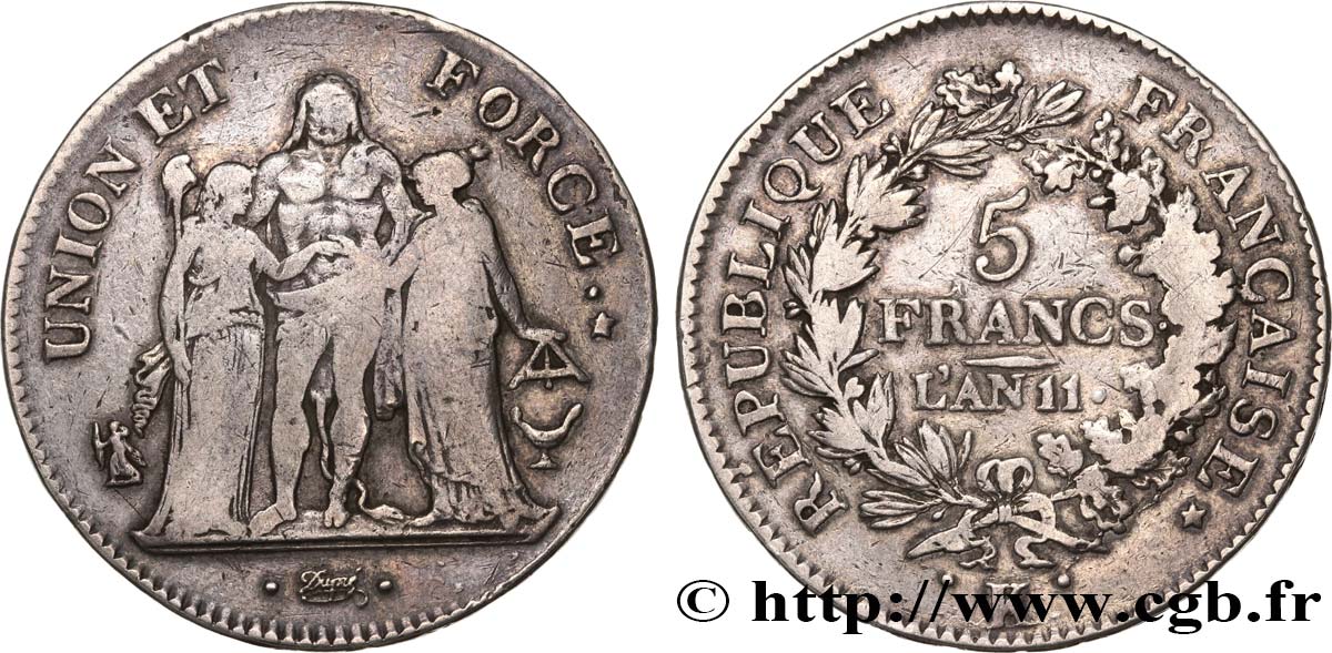 5 francs Union et Force, Union serré, seulement glands intérieurs 1803 Bordeaux F.288/193 TB30 