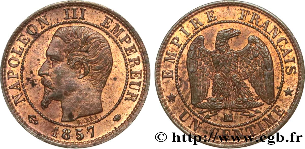 Un centime Napoléon III, tête nue 1857 Marseille F.102/37 SUP62 