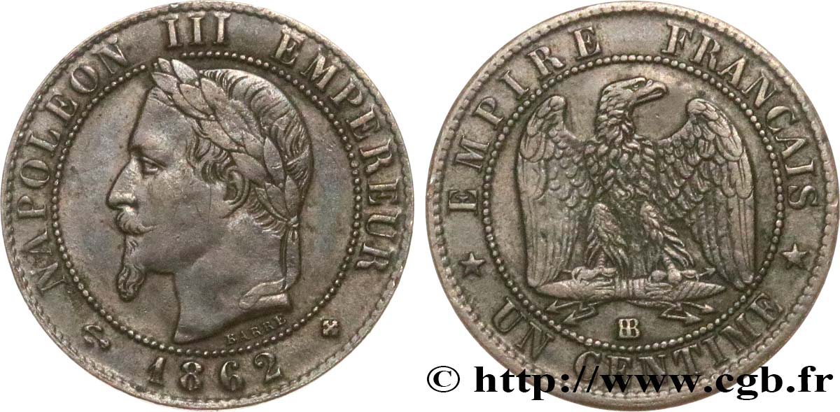 Un centime Napoléon III, tête laurée 1862 Strasbourg F.103/5 MBC40 