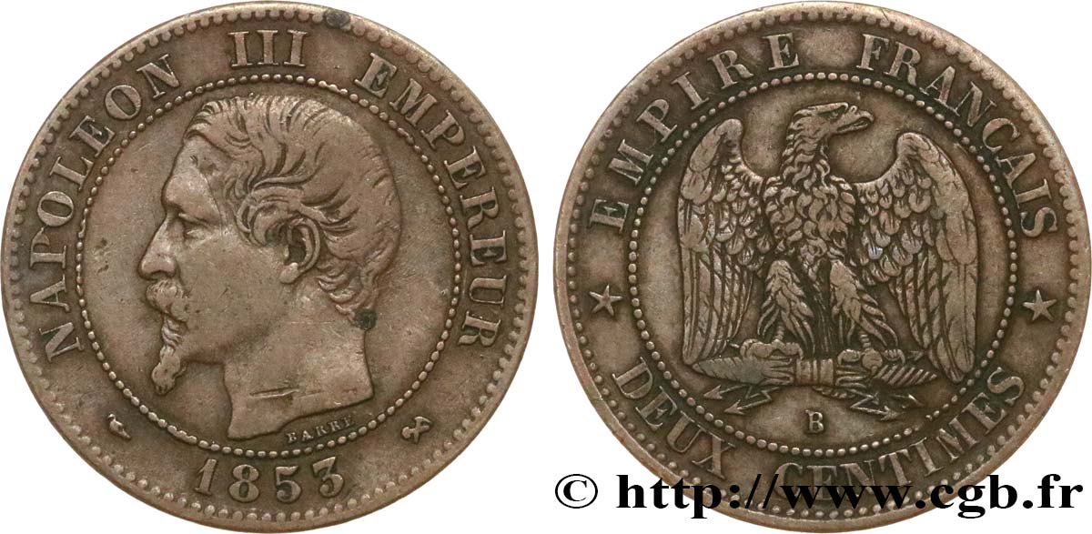 Deux centimes Napoléon III, tête nue 1853 Rouen F.107/2 BC30 