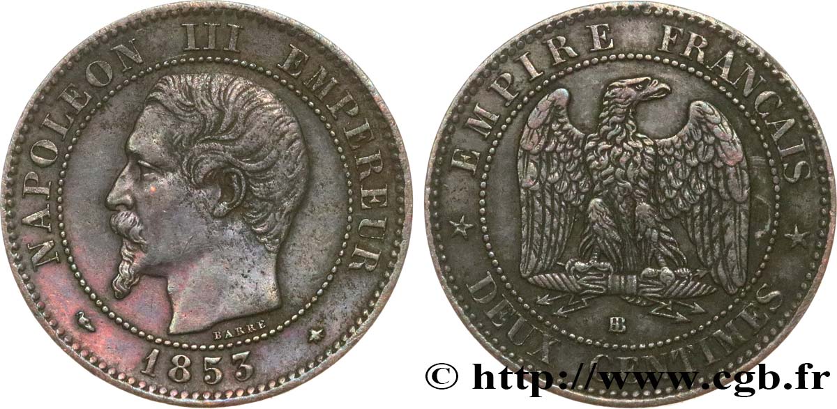 Deux centimes Napoléon III, tête nue 1853 Strasbourg F.107/3 TTB45 