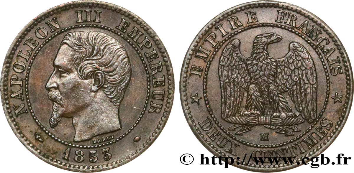 Deux centimes Napoléon III, tête nue 1853 Marseille F.107/7 SPL55 