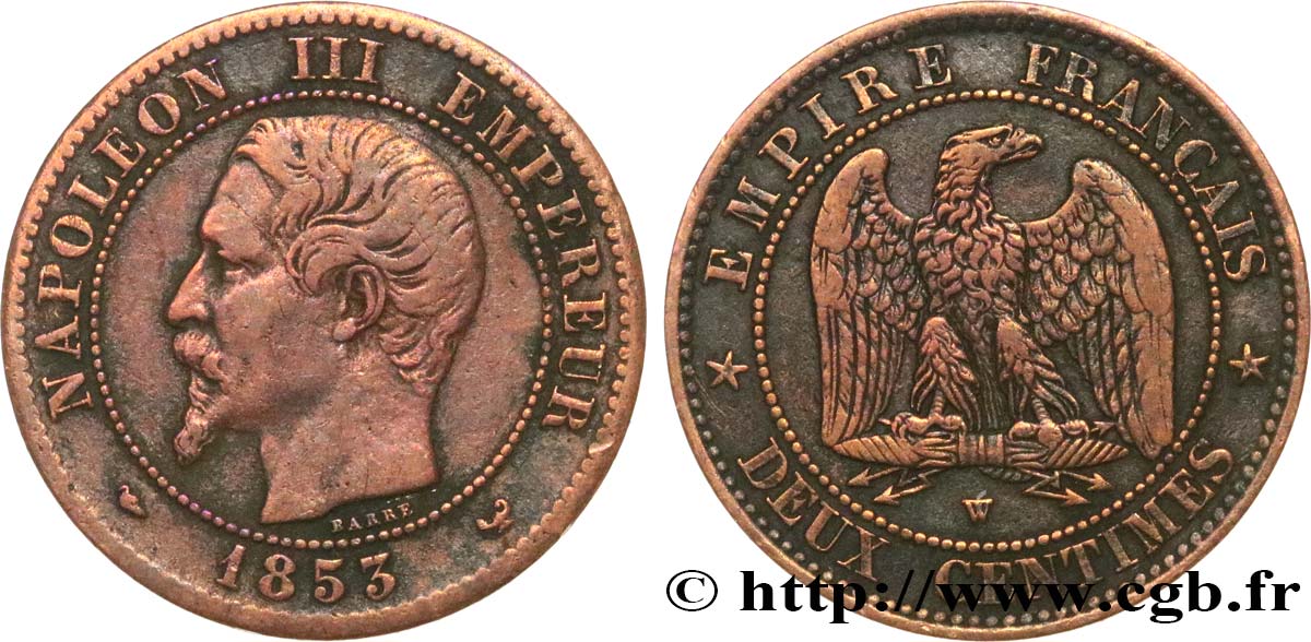 Deux centimes Napoléon III, tête nue 1853 Lille F.107/8 TB+ 