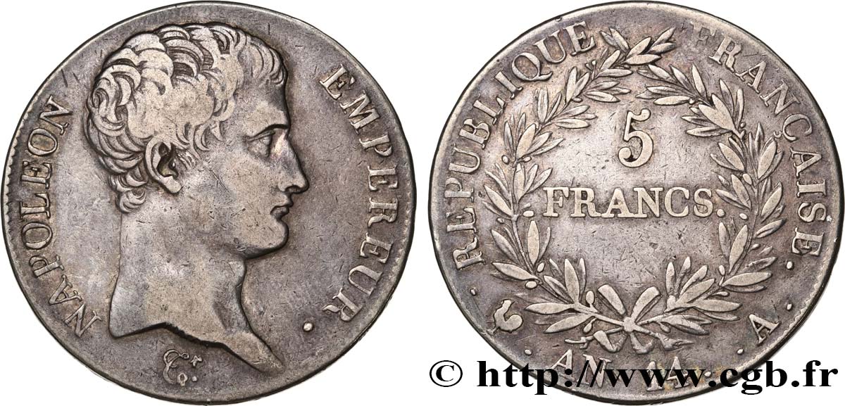 5 francs Napoléon Empereur, Calendrier révolutionnaire 1805 Paris F.303/19 TB35 