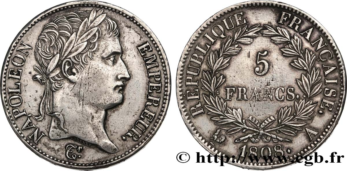 5 francs Napoléon Empereur, République française 1808 Paris F.306/2 fVZ 