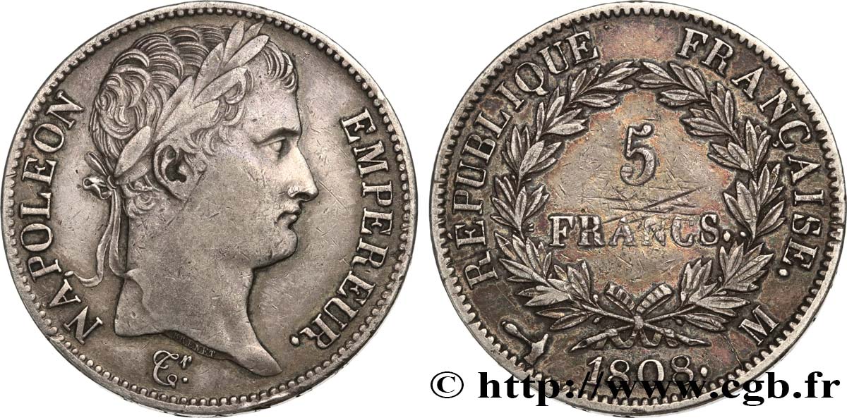5 francs Napoléon Empereur, République française 1808 Toulouse F.306/10 TTB40 