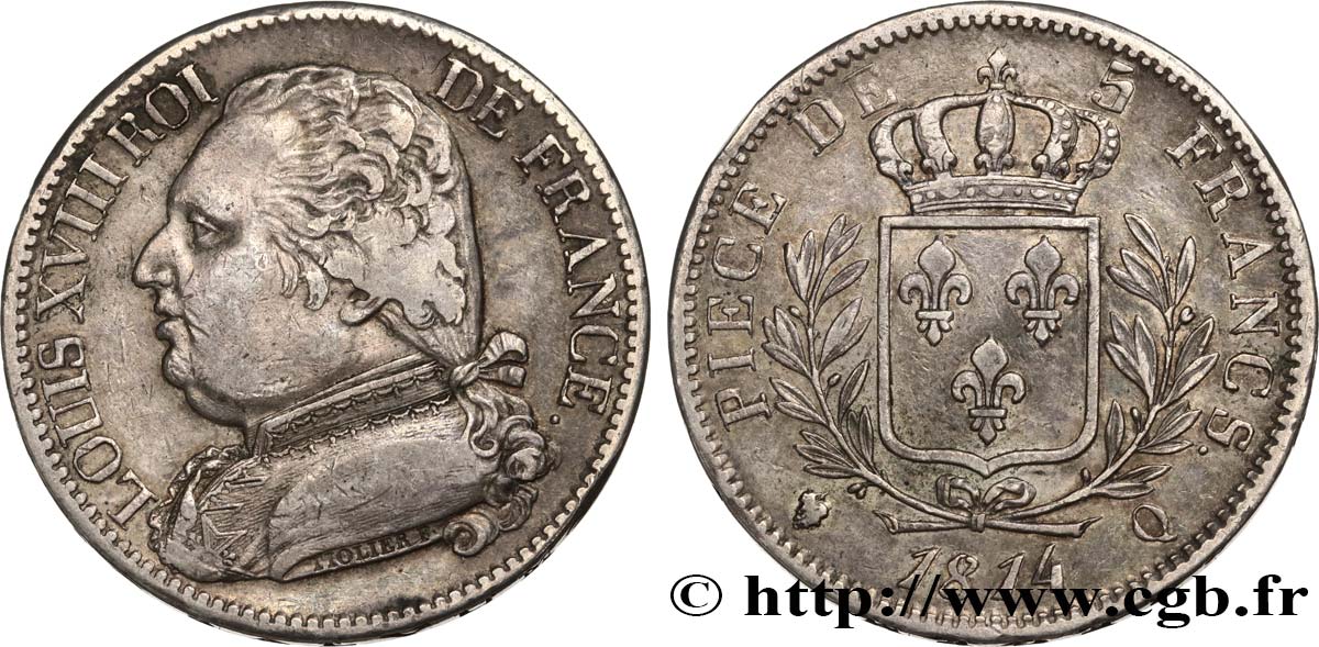 5 francs Louis XVIII, buste habillé 1814 Perpignan F.308/11 TTB45 