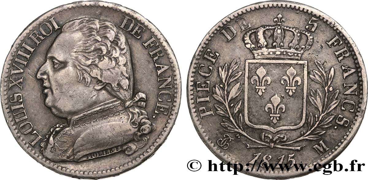 5 francs Louis XVIII, buste habillé 1815 Toulouse F.308/26 SS40 