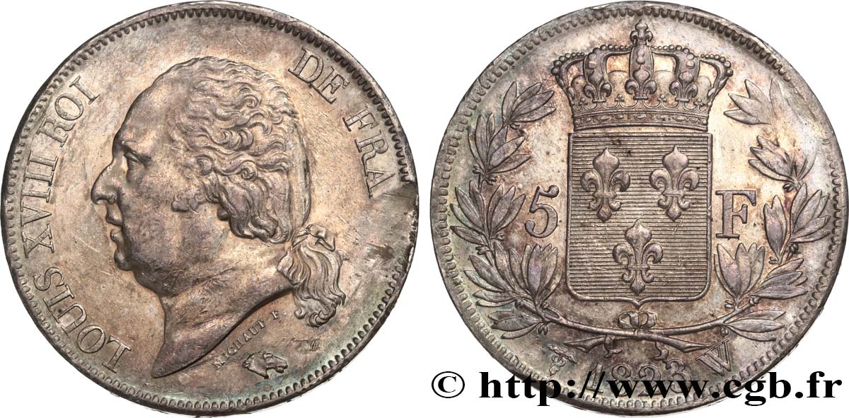 5 francs Louis XVIII, tête nue 1823 Lille F.309/87 TTB+ 