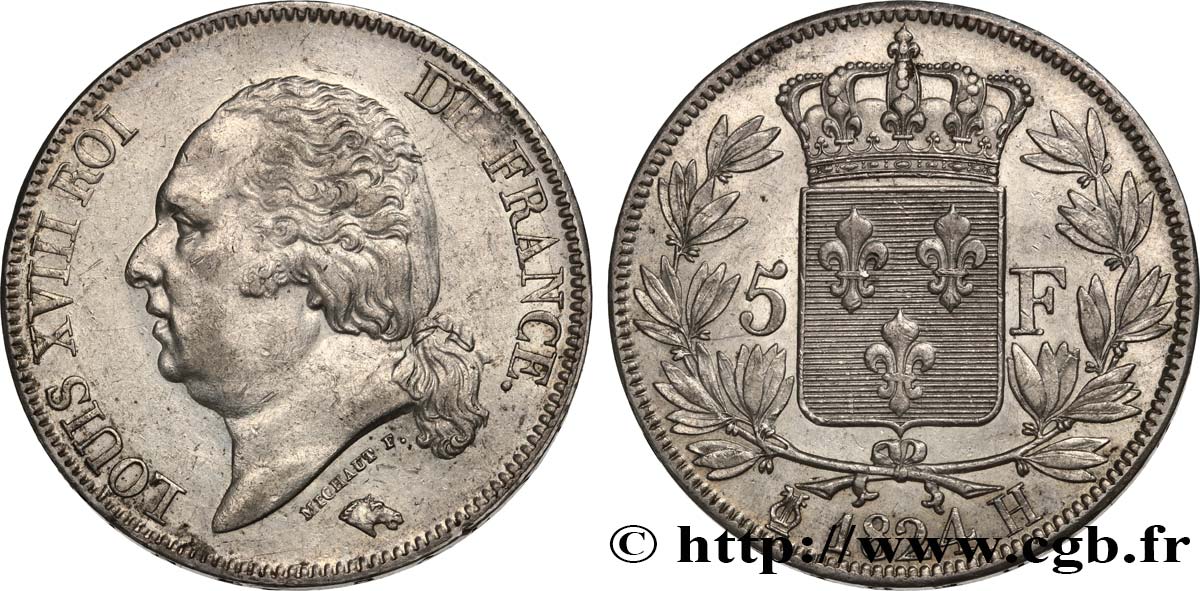 5 francs Louis XVIII, tête nue 1824 La Rochelle F.309/91 MBC53 