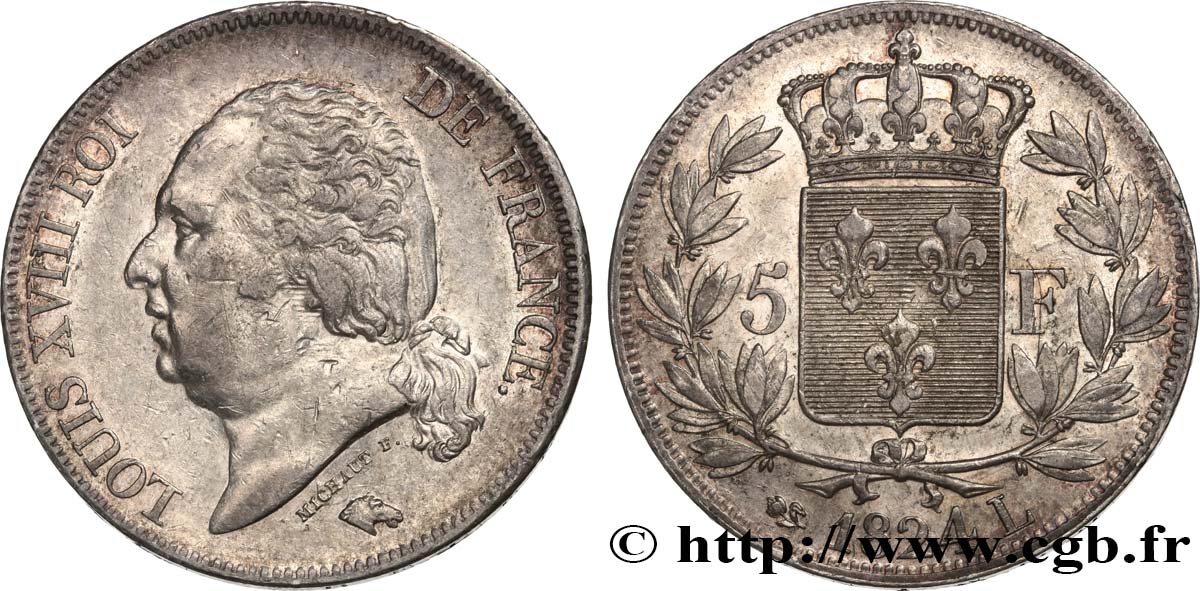 5 francs Louis XVIII, tête nue 1824 Bayonne F.309/94 SS50 