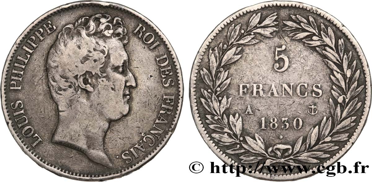 5 francs type Tiolier sans le I, tranche en relief 1830  Paris F.314/1 VF25 