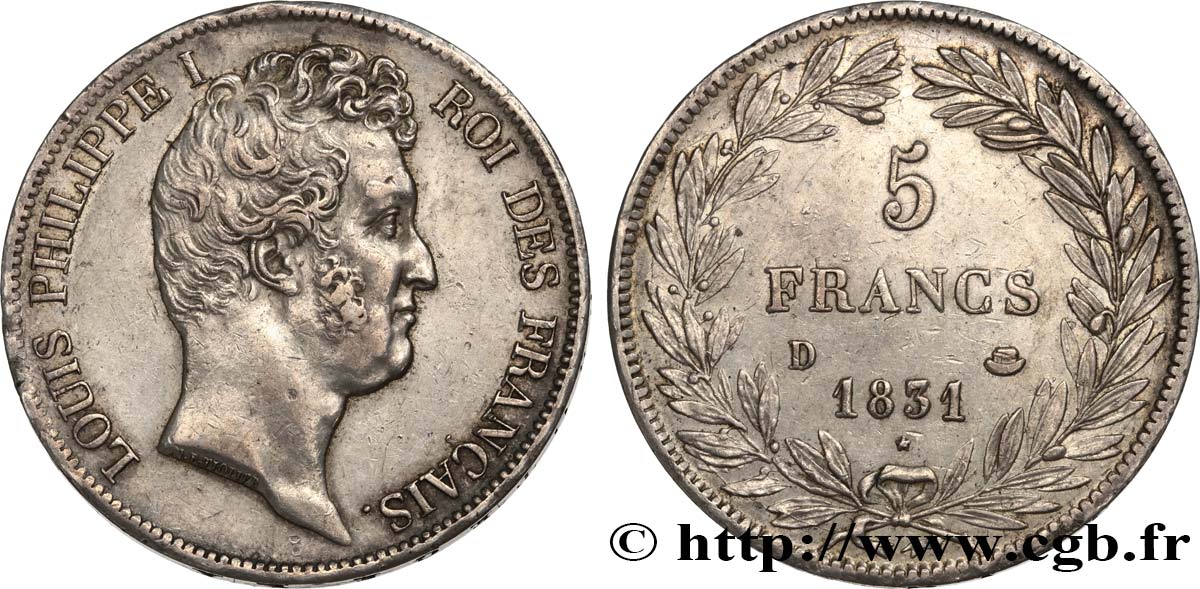 5 francs type Tiolier avec le I, tranche en creux 1831 Lyon F.315/17 MBC+ 