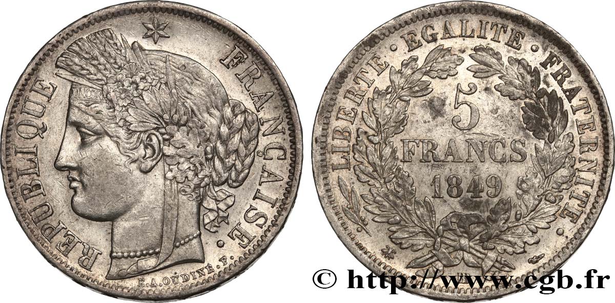 5 francs Cérès, IIe République 1849 Strasbourg F.327/3 BB50 