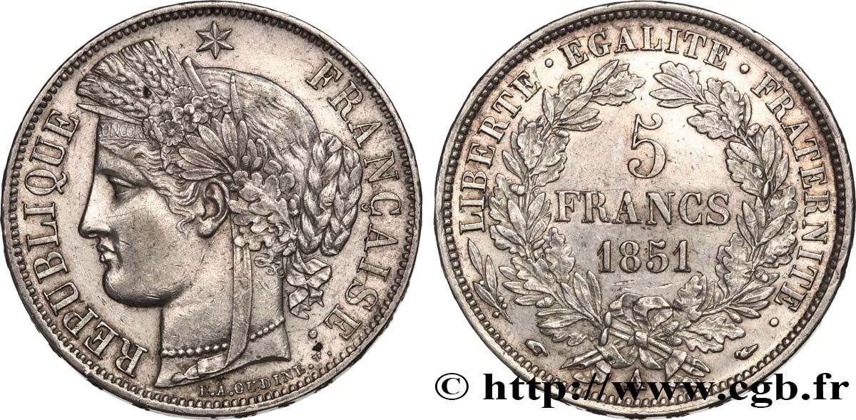 5 francs Cérès, IIe République 1851 Paris F.327/7 TTB50 