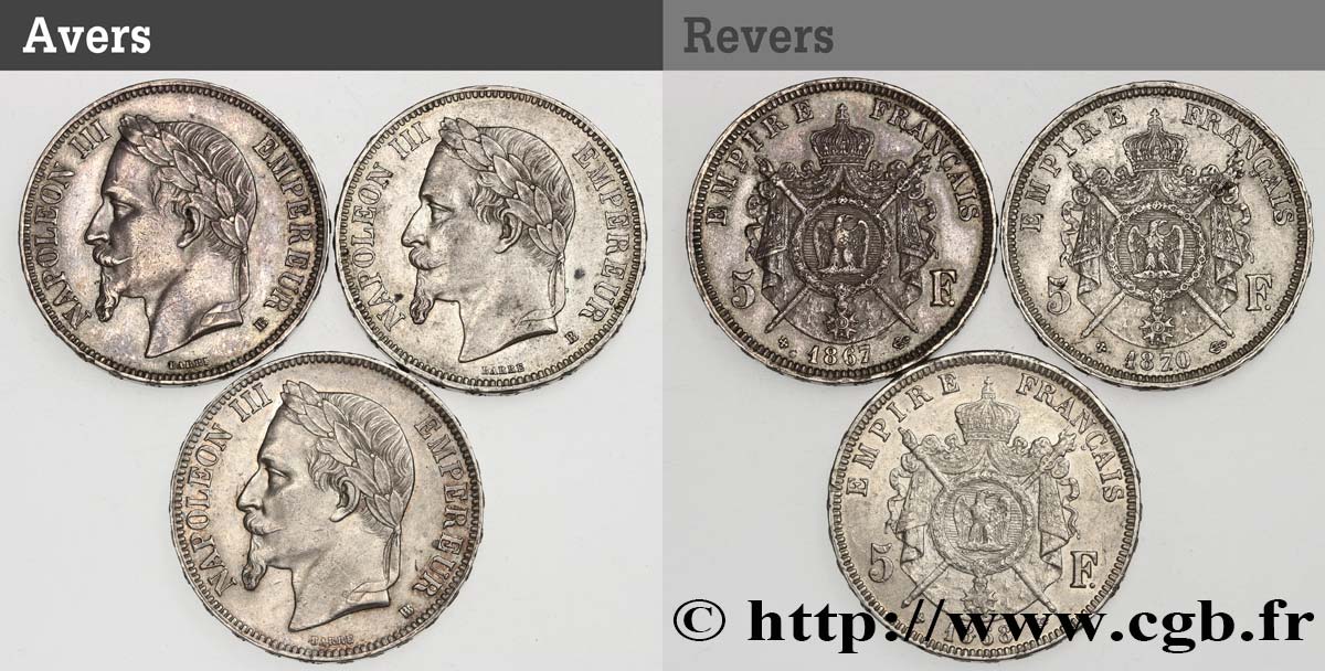 Lot de trois 5 francs Napoléon III, tête laurée n.d. Strasbourg F.331/11 AU 