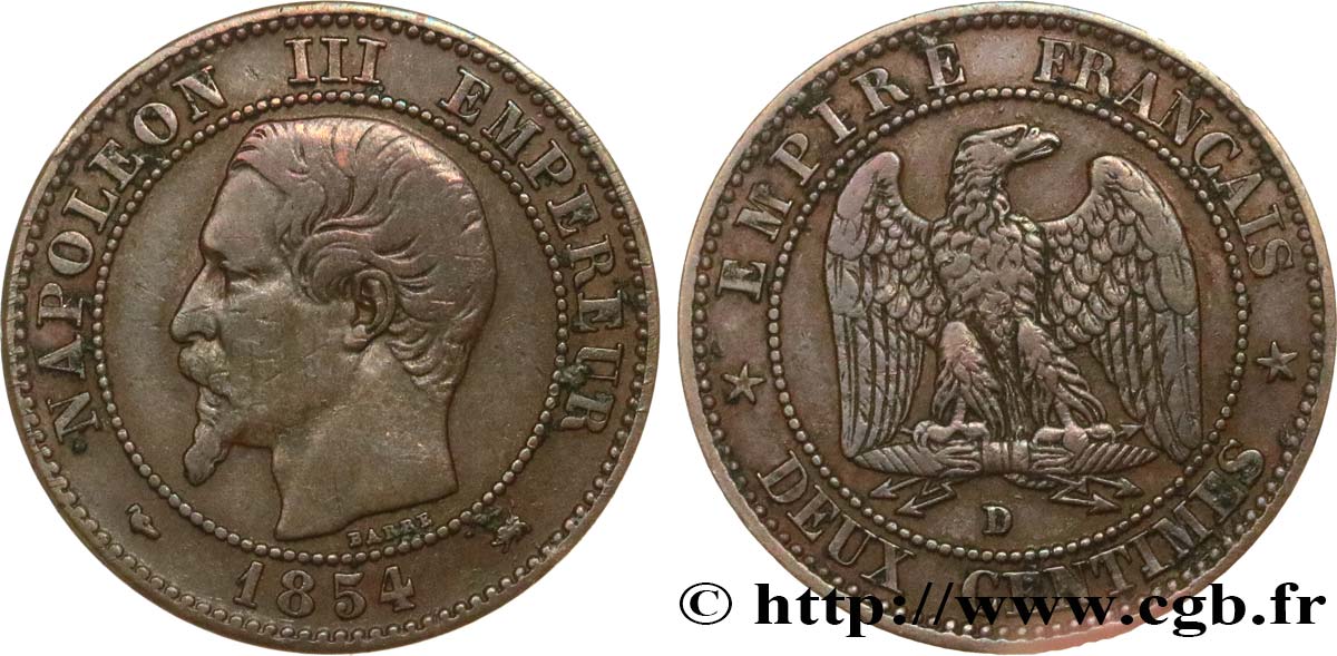 Deux centimes Napoléon III, tête nue 1854 Lyon F.107/15 TB35 