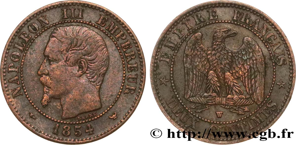 Deux centimes Napoléon III, tête nue 1854 Lille F.107/18 BC35 