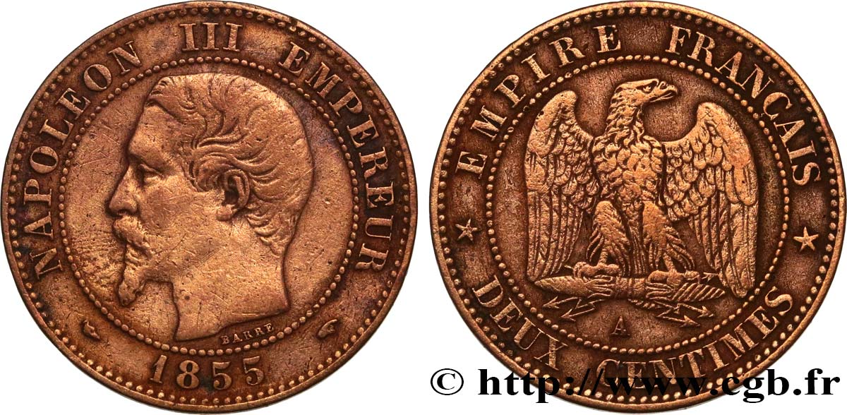 Deux centimes Napoléon III, tête nue 1855 Paris F.107/19 TB+ 