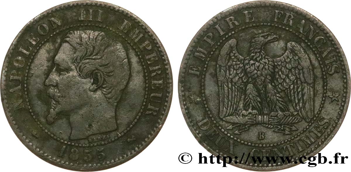 Deux centimes Napoléon III, tête nue 1855 Rouen F.107/21 TB+ 