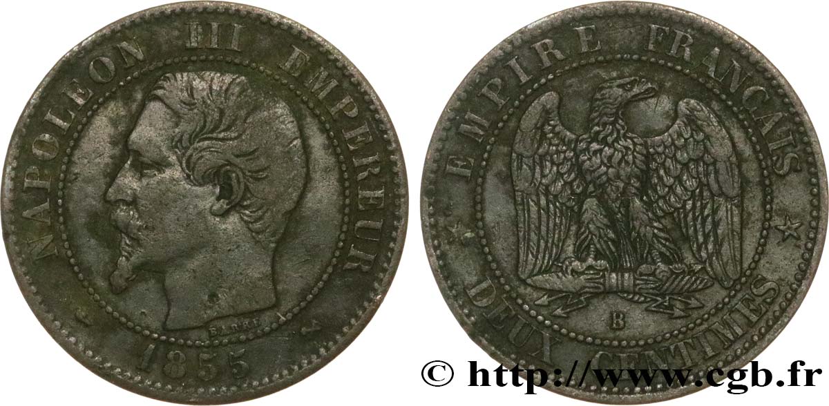 Deux centimes Napoléon III, tête nue 1855 Rouen F.107/21 VF 