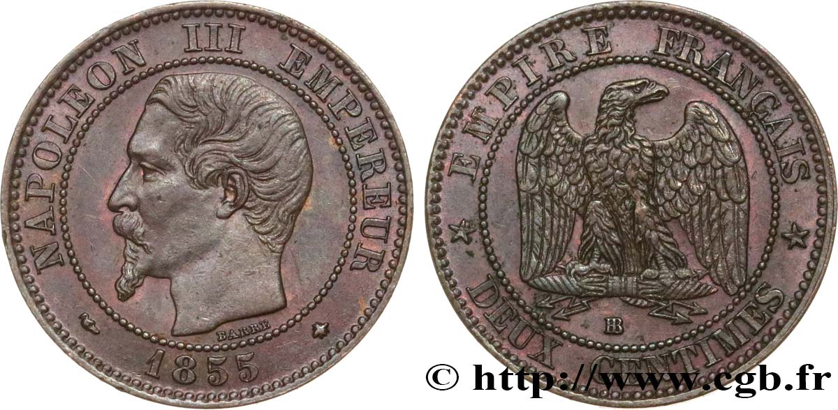 Deux centimes Napoléon III, tête nue 1855 Strasbourg F.107/23 SUP55 