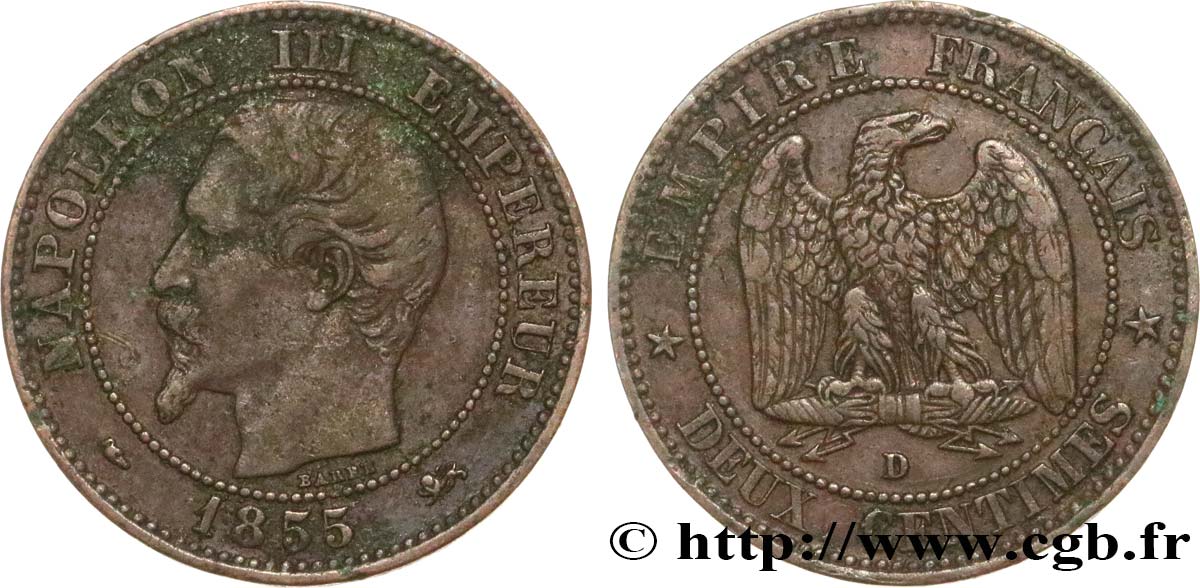 Deux centimes Napoléon III, tête nue 1855 Lyon F.107/29 BC30 