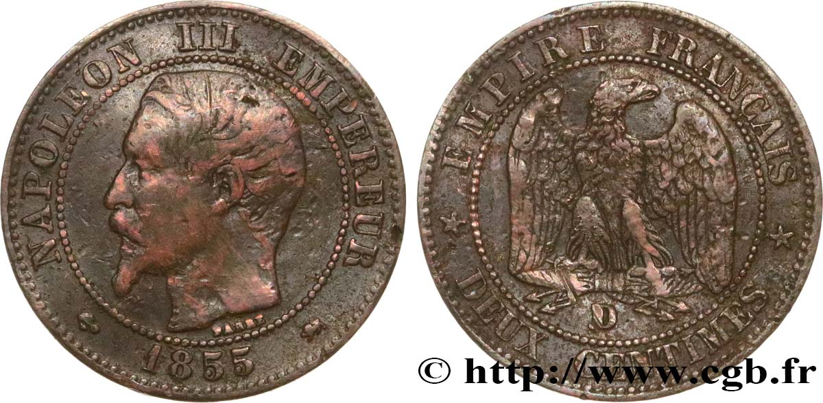 Deux centimes Napoléon III, tête nue 1855 Lyon F.107/28 BC 