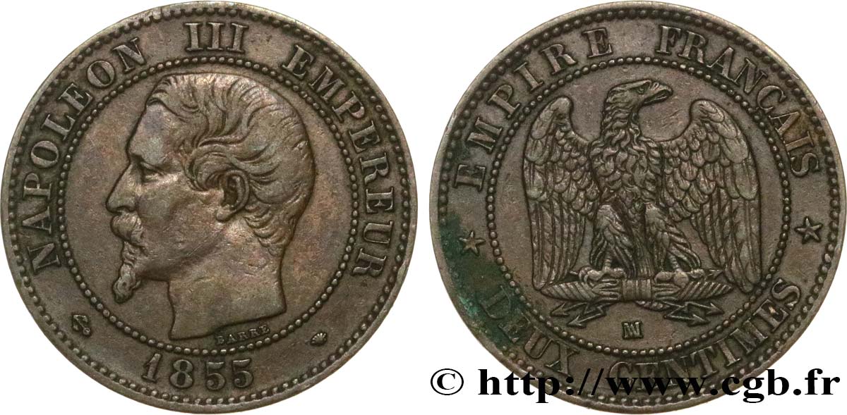 Deux centimes Napoléon III, tête nue 1855 Marseille F.107/36 MBC40 