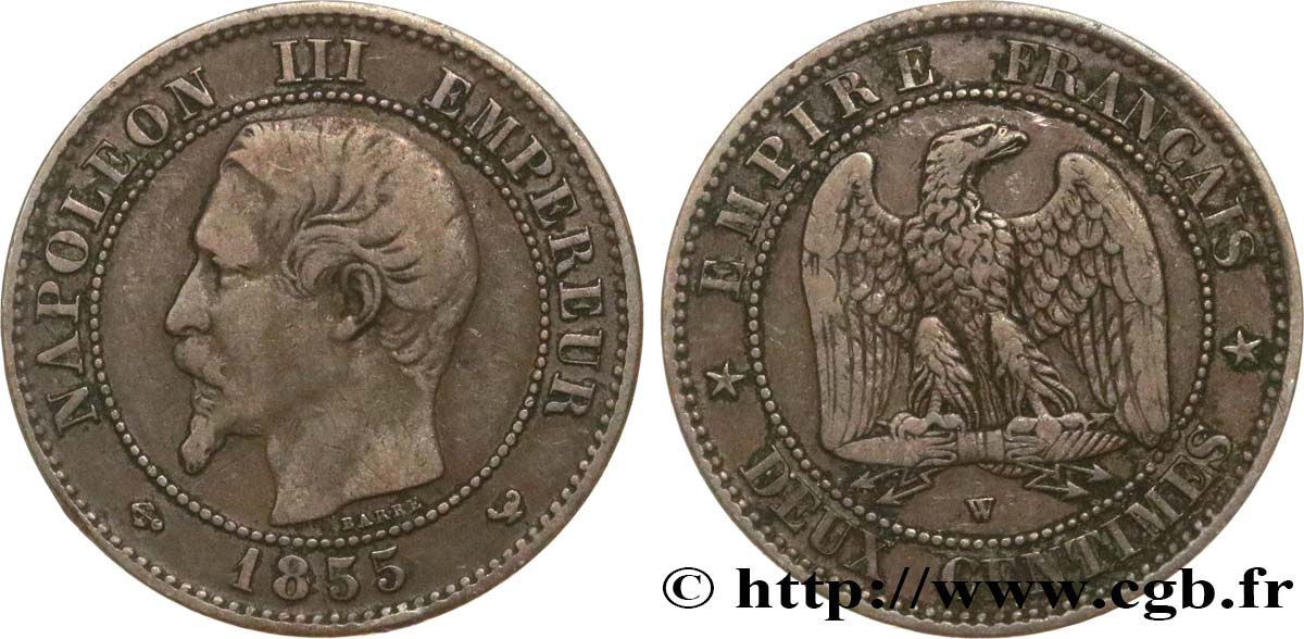 Deux centimes Napoléon III, tête nue 1855 Lille F.107/37 TB25 