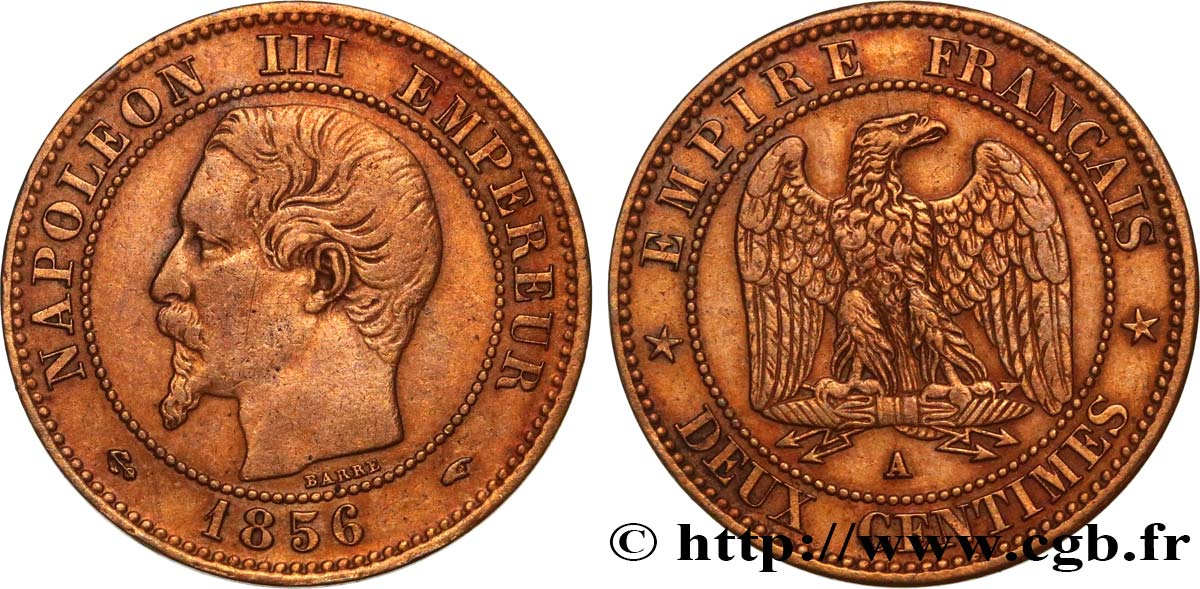 Deux centimes Napoléon III, tête nue 1856 Paris F.107/38 TTB 