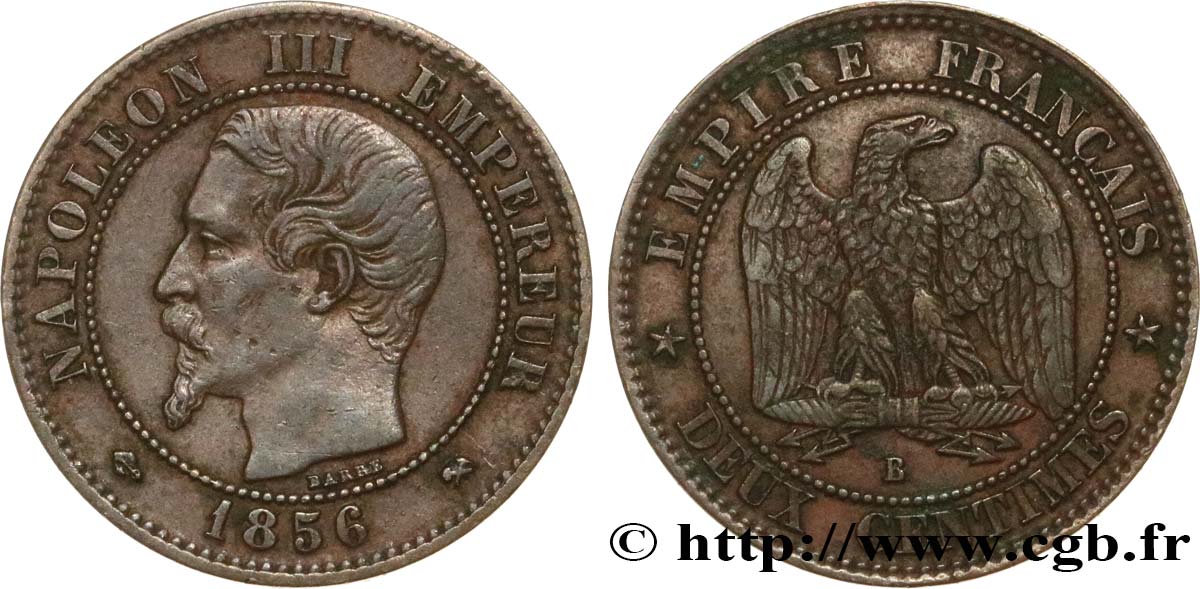 Deux centimes Napoléon III, tête nue 1856 Rouen F.107/39 MBC45 