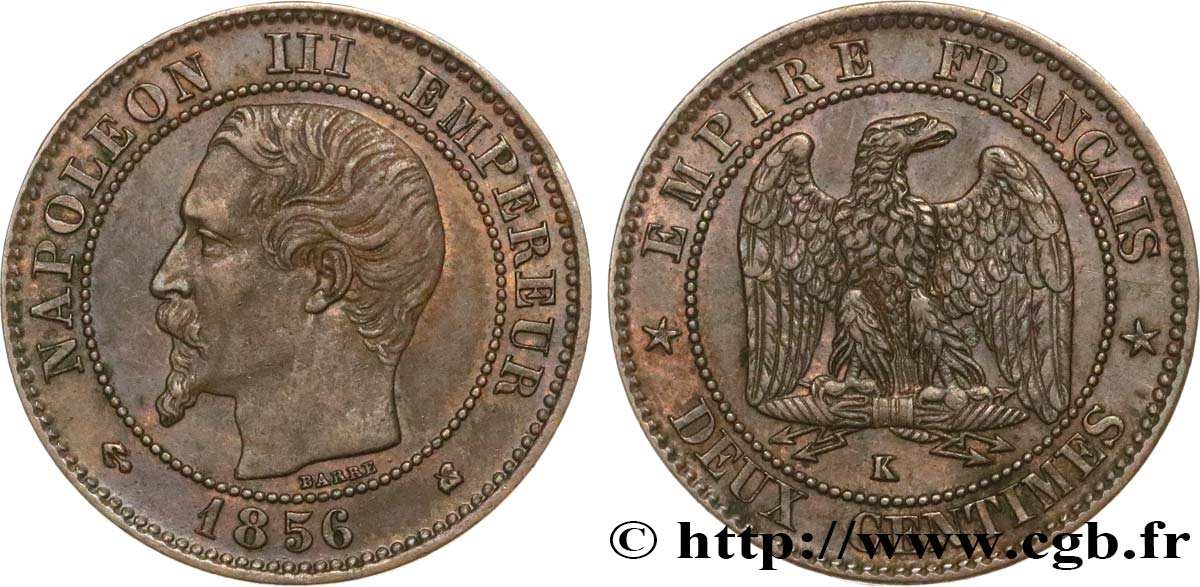 Deux centimes Napoléon III, tête nue 1856 Bordeaux F.107/41 TTB53 