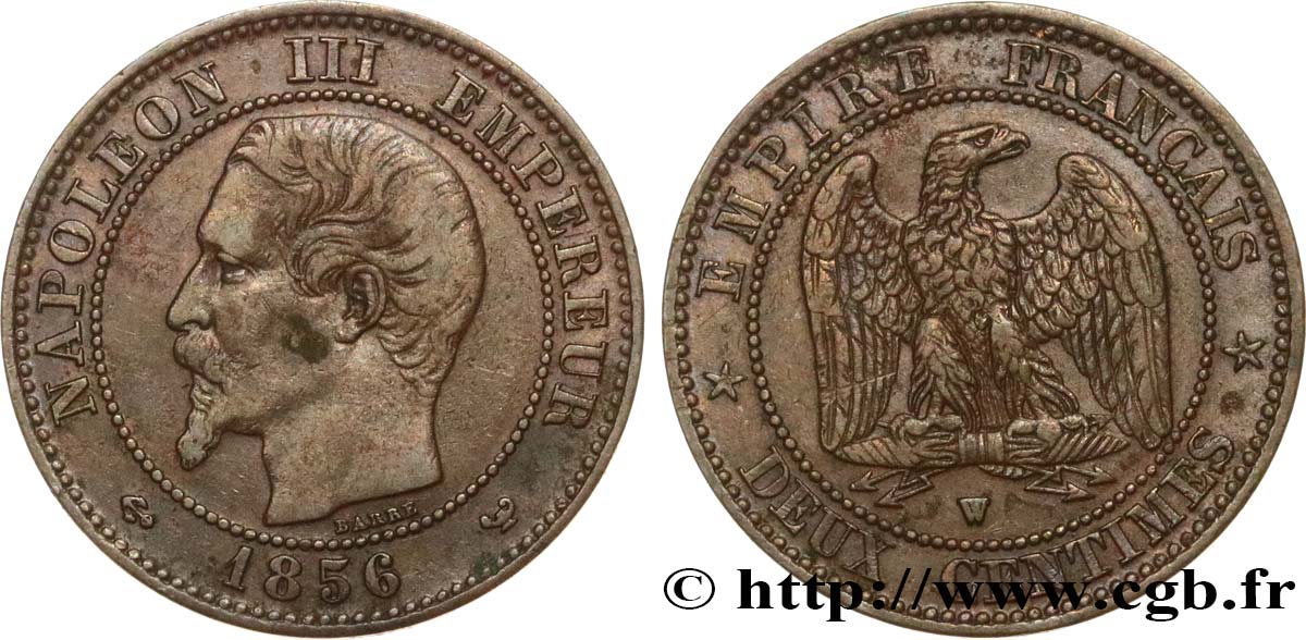 Deux centimes Napoléon III, tête nue 1856 Lille F.107/43 XF40 