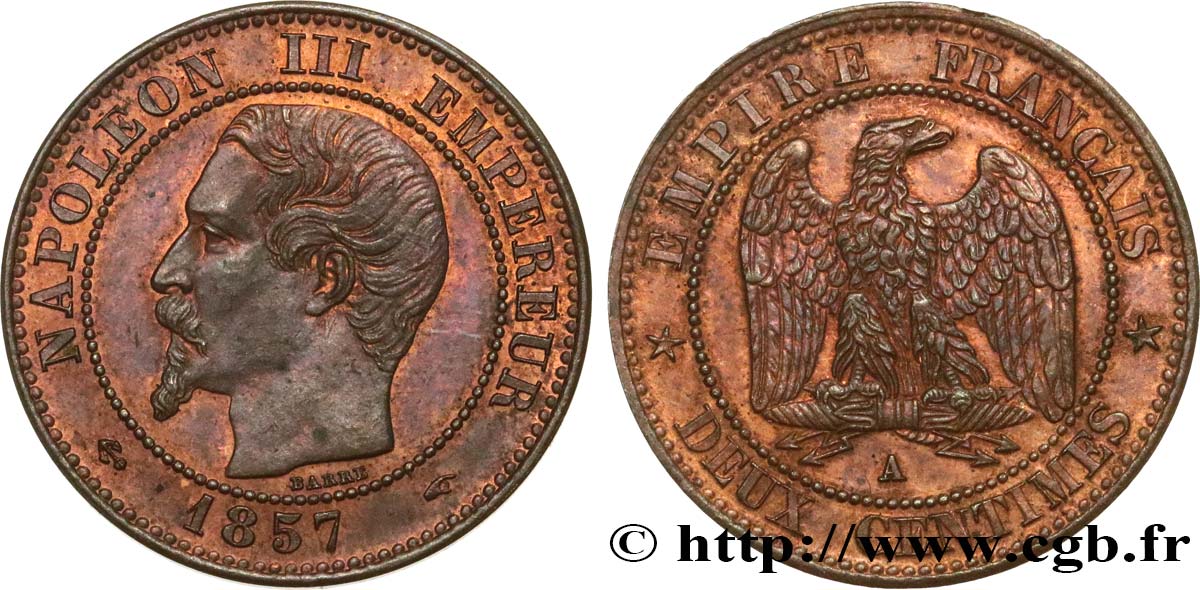 Deux centimes Napoléon III, tête nue 1857 Paris F.107/44 AU58 