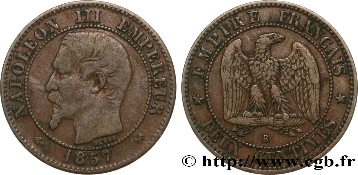 Deux centimes Napoléon III, tête nue 1857 Rouen F.107/45 TB25 