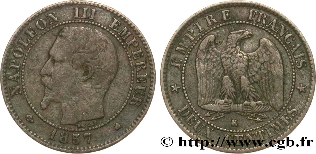 Deux centimes Napoléon III, tête nue 1857 Bordeaux F.107/49 VF20 