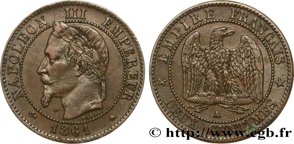Deux centimes Napoléon III, tête laurée 1861 Paris F.108A/1 SS45 