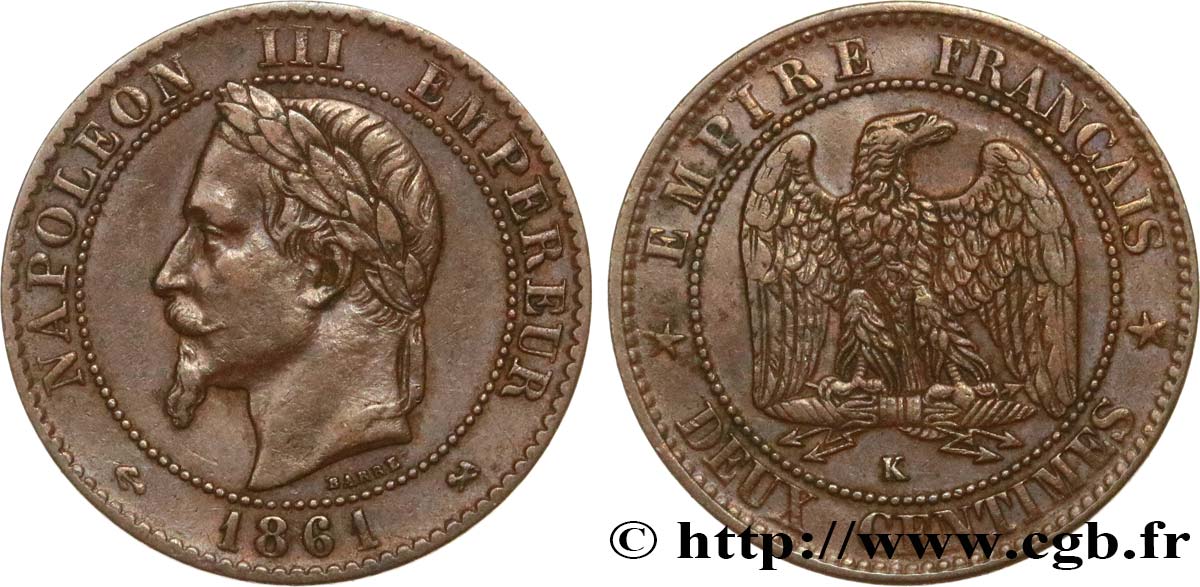 Deux centimes Napoléon III, tête laurée 1861 Bordeaux F.108/3 TTB45 