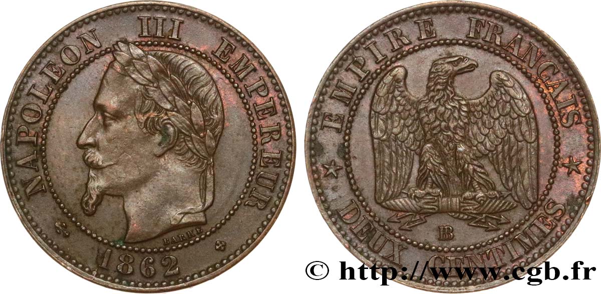 Deux centimes Napoléon III, tête laurée 1862 Strasbourg F.108A/6 TTB53 