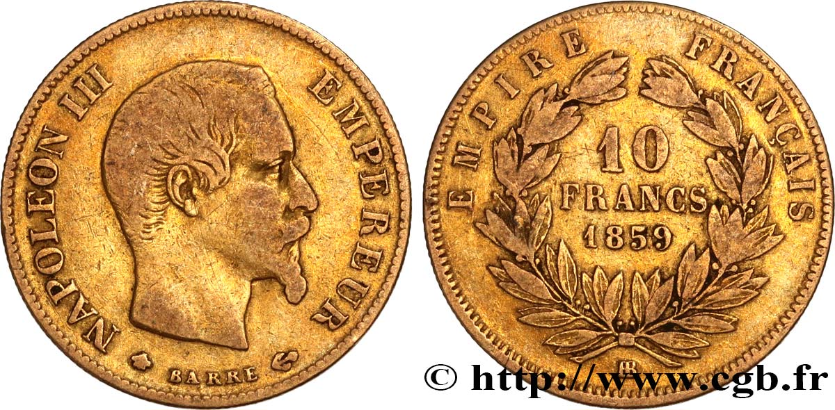 10 francs or Napoléon III, tête nue 1859 Strasbourg F.506/8 VF25 