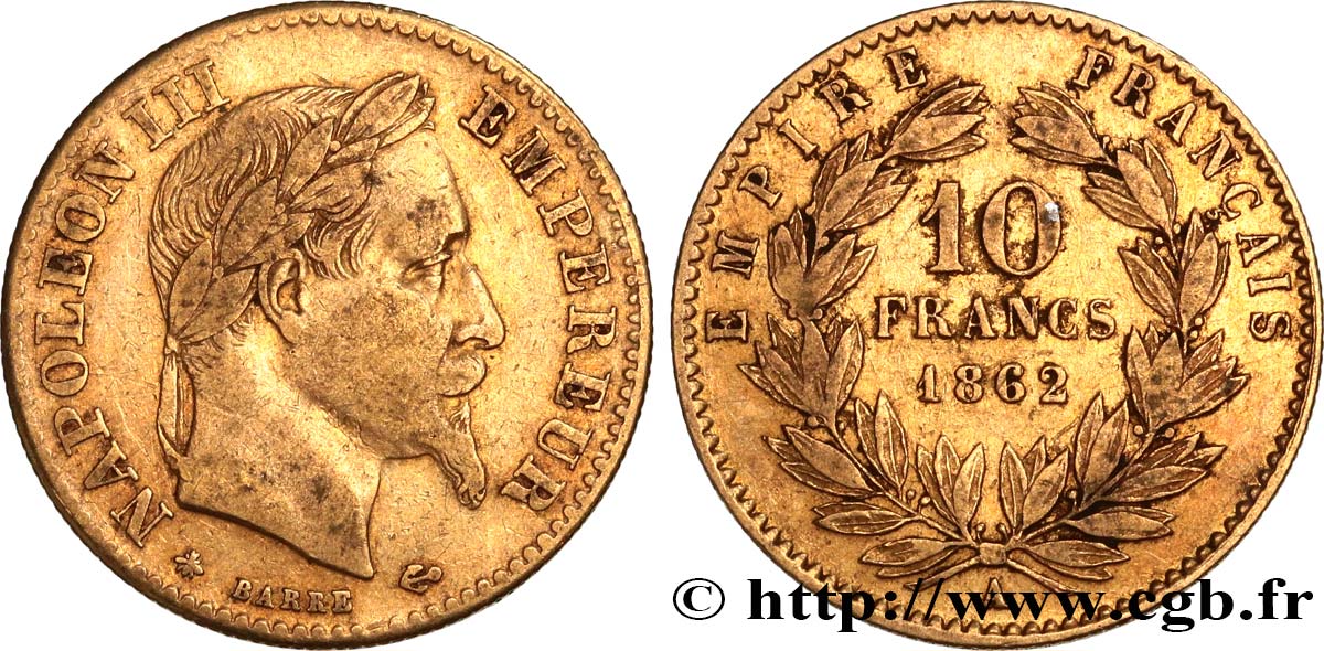 10 francs or Napoléon III, tête laurée, type définitif à grand 10 1862 Paris F.507A/1 TB30 