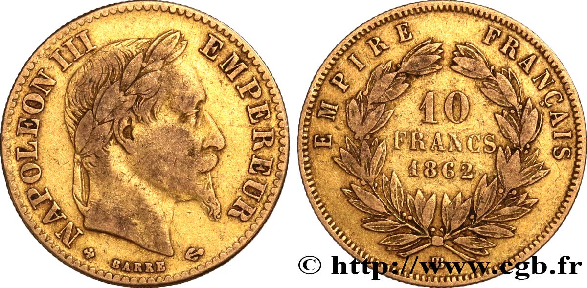 10 francs or Napoléon III, tête laurée 1862 Strasbourg F.507/2 TB30 