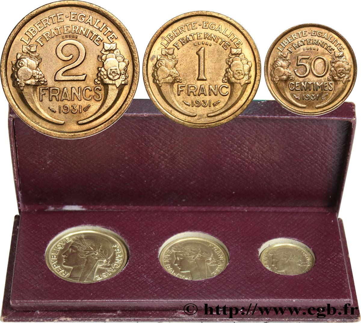 Boîte des essais de 2 francs, 1 franc et 50 centimes Morlon 1931   VZ+ 