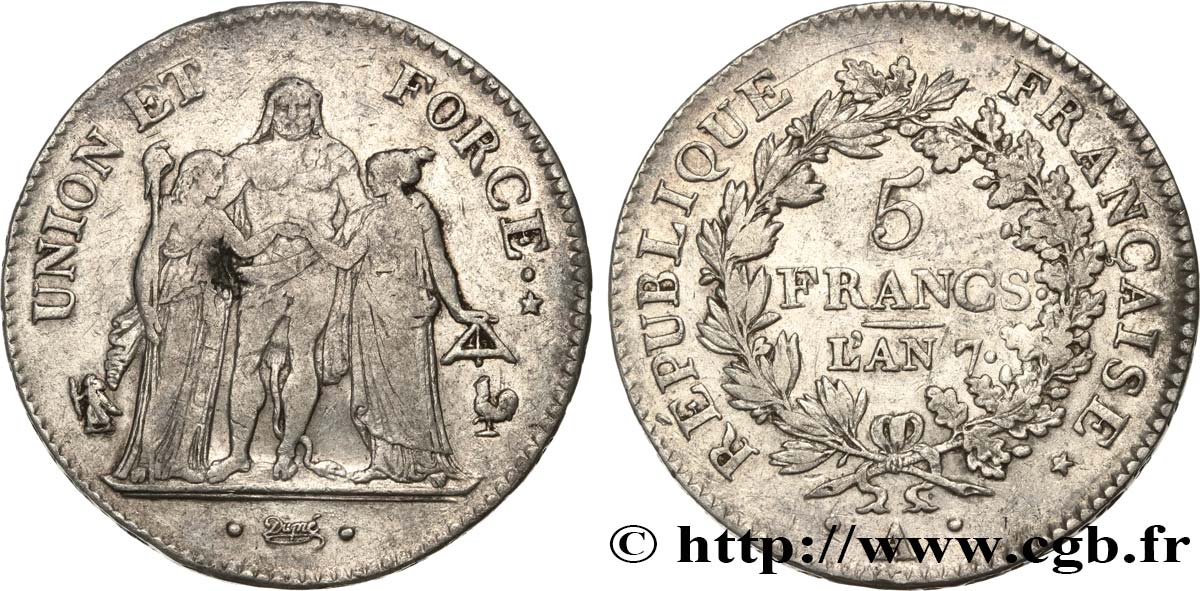 5 francs Union et Force, Union serré, avec glands intérieurs et gland extérieur 1799 Paris F.288/95 TTB40 