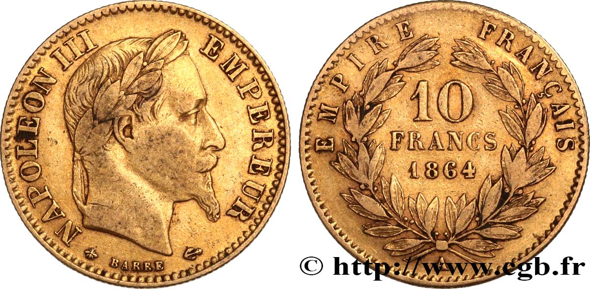 10 francs or Napoléon III, tête laurée, type définitif à grand 10 1864 Paris F.507A/6 TB25 