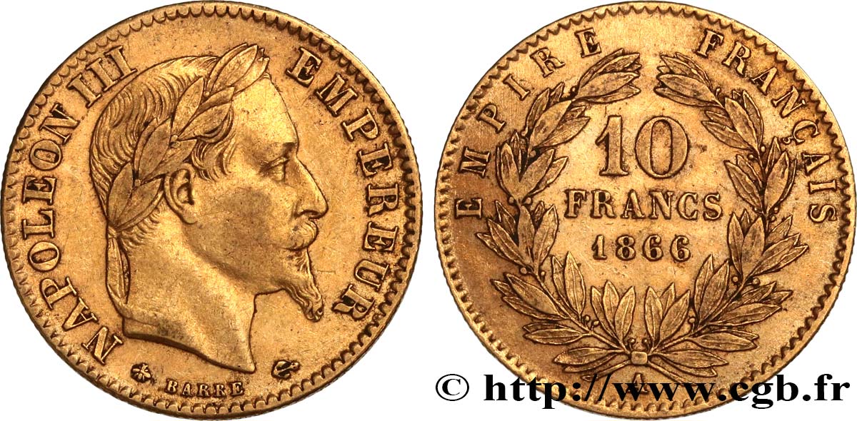10 francs or Napoléon III, tête laurée 1866 Paris F.507A/12 VF35 